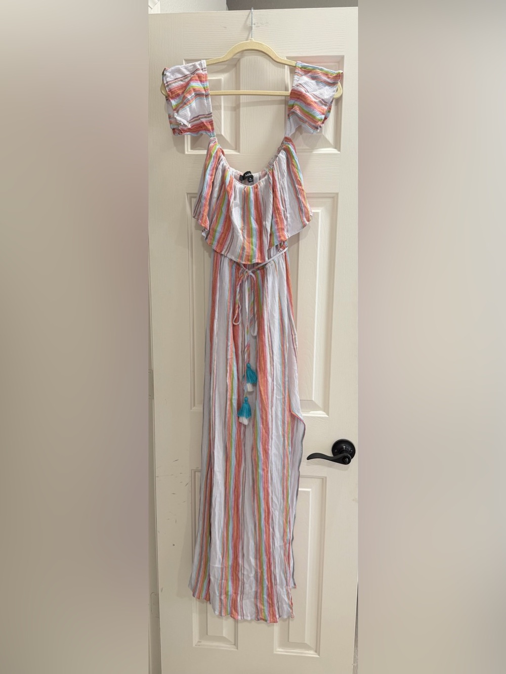 Boutique Multicolor Striped Vacation Maxi with Tassel Tie
